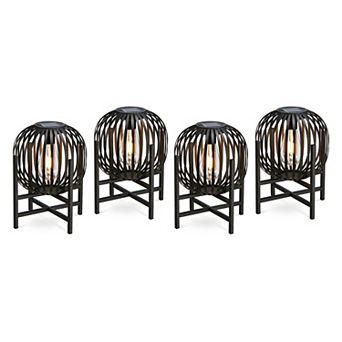 Glitzhome Set of 4 11.50"H Metal Stripes Solar Powered Edison Bulb Outdoor Lantern with Stand