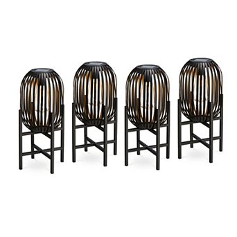 Glitzhome Set of 4 14.25"H Metal Stripes Solar Powered Edison Bulb Slim Outdoor Lantern