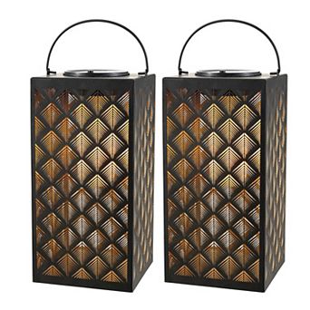 Glitzhome Set of 2 Textured Pattern Solar Powered Hanging Lantern with LED Light
