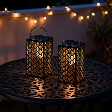 Glitzhome Set of 2 Textured Pattern Solar Powered Hanging Lantern with LED Light
