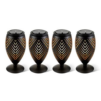 Glitzhome 8.75"H Set of 4 Metal Cutout Geometric Pattern Solar Powered Outdoor Lantern
