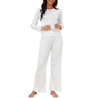 Women's Lounge Set Ribbed Knit Ruffle Long Sleeve Round Neck Tops Wide Leg Pants 2 pc Pajama Sets