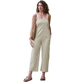 Women's Jumpsuit Cotton Linen Adjustable Tie Straps Back Zipper Sleeveless Bib Overalls Wide Leg