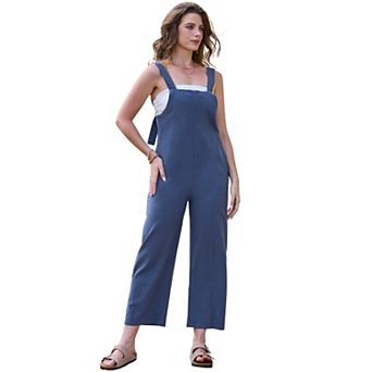 Women's Jumpsuit Cotton Linen Adjustable Tie Straps Back Zipper Sleeveless Bib Overalls Wide Leg