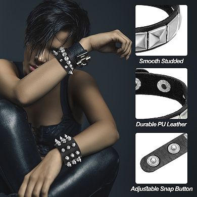 3 Pcs Leather Punk Bracelet 8.7"/22cm Square Rivets Goth Bracelet