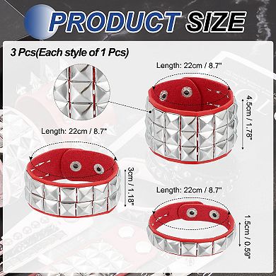 3 Pcs Leather Punk Bracelet 8.7"/22cm Square Rivets Goth Bracelet