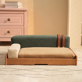 Wooden Pet Sofa Bed with Washable Cushion, Scratch-Resistant Cat & Dog Lounger