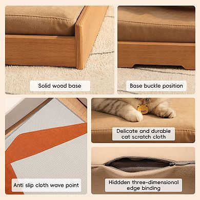 Wooden Pet Sofa Bed with Washable Cushion, Scratch-Resistant Cat & Dog Lounger