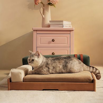 Wooden Pet Sofa Bed with Washable Cushion, Scratch-Resistant Cat & Dog Lounger