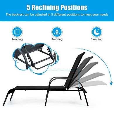 5-Position Adjustable Folding Patio Chaise Lounge Chair with Curved Armrest