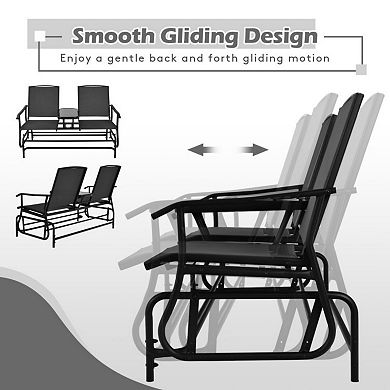 2-Person Outdoor Rocking Loveseat with Center Tempered Glass Table