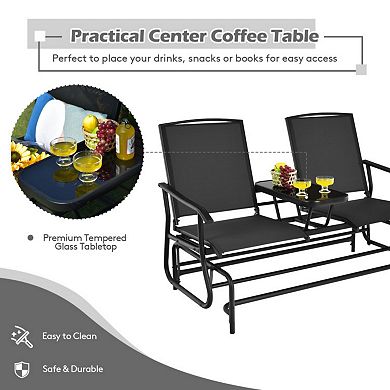 2-Person Outdoor Rocking Loveseat with Center Tempered Glass Table