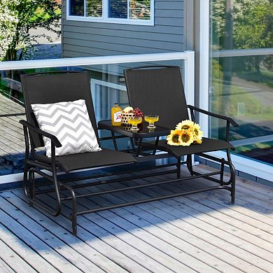 2-Person Outdoor Rocking Loveseat with Center Tempered Glass Table