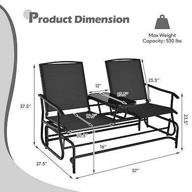 2-Person Outdoor Rocking Loveseat with Center Tempered Glass Table
