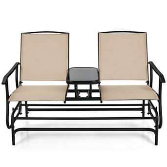 2-Person Outdoor Rocking Loveseat with Center Tempered Glass Table