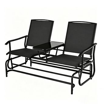 2-Person Outdoor Rocking Loveseat with Center Tempered Glass Table