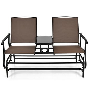 2-Person Outdoor Rocking Loveseat with Center Tempered Glass Table