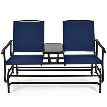 2-Person Outdoor Rocking Loveseat with Center Tempered Glass Table
