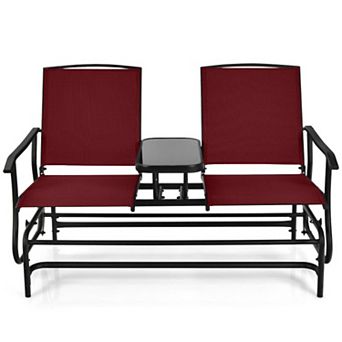 2-Person Outdoor Rocking Loveseat with Center Tempered Glass Table