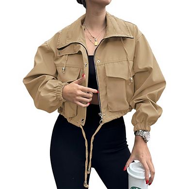 Women's Cropped Drawstring Utility Jacket Long Sleeve Zip Up Pocket Bomber Coat