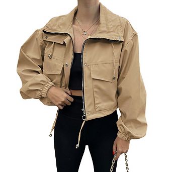 Women's Cropped Drawstring Utility Jacket Long Sleeve Zip Up Pocket Bomber Coat