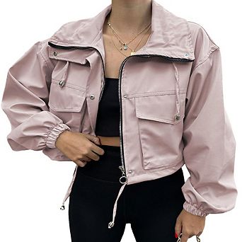 Women's Cropped Drawstring Utility Jacket Long Sleeve Zip Up Pocket Bomber Coat