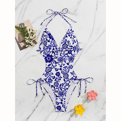 Women's Floral Halter One Piece Swimsuit - Cutout Side Tie Keyhole Bathing Suit