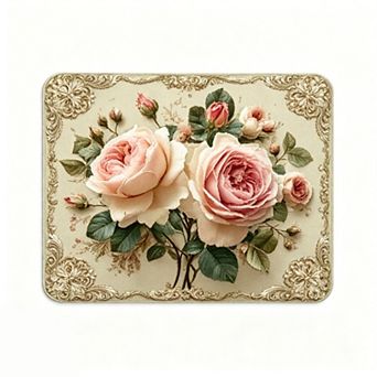 Gold Frame Pink Rose Floor Mat Classic Elegant Vintage Floral Rug