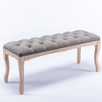 KWPZQEB French Vintage Tufted Linen Ottoman Bench with Distressed Wood Legs