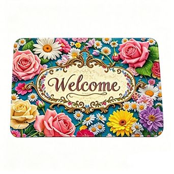 Blue Base Rose Daisy Welcome Floor Mat Colorful Floral Entry Rug