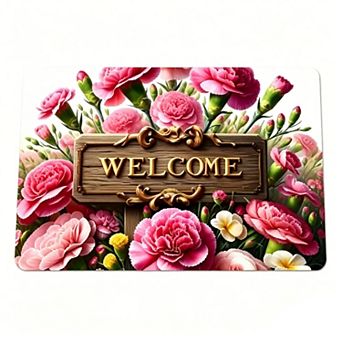 Pink Carnation Welcome Floor Mat Floral Front Door Rug