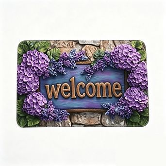 Purple Hydrangea Welcome Floor Mat Floral Stone Background Doormat