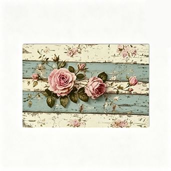 Blue White Plank Single Rose Floor Mat Shabby Chic Farmhouse Rug
