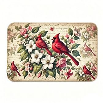 Red Bird & Flower Letter Floor Mat Farmhouse Botanical Welcome Rug