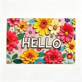 Colorful Flower Hello Floor Mat Bright Cheerful Home Rug