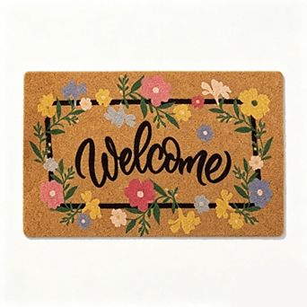 Floral Accent Welcome Floor Mat Cork Base Seasonal Front Door Rug