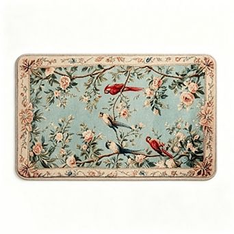Light Blue Background Bird Floral Floor Mat Gentle Garden Style Rug