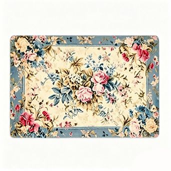 Blue Trim Vintage Rose Print Floor Mat Classic Farmhouse Porch Rug