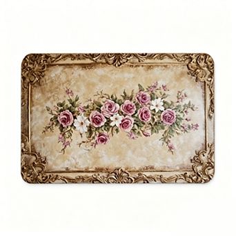 Gold Frame Purple Pink Flower Floor Mat Elegant Vintage Accent Rug