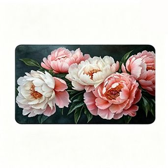 Large Pink White Peony Flower Floor Mat Lush Romantic Floral Rug
