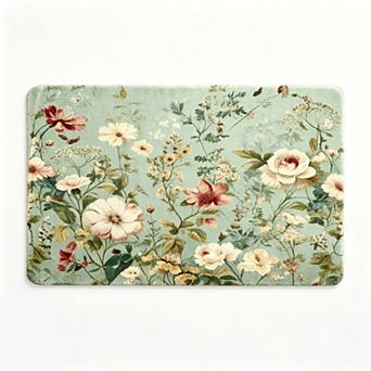 Light Green Base Wildflower Floor Mat Soft Cottage Style Floor Rug