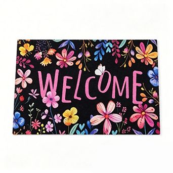 Black Base Floral Welcome Floor Mat Bright Color Home Entryway Rug