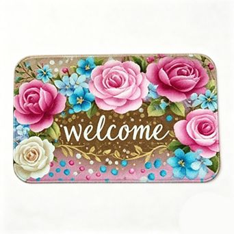Pink Blue Rose Welcome Floor Mat Elegant Floral Soft Bathroom Rug