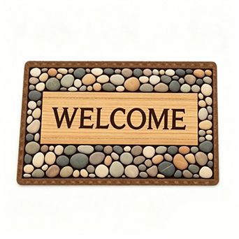 Pebble Border Welcome Sign Floor Mat Rustic Farmhouse Front Door Rug