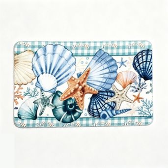 Plaid Border Seashell Starfish Floor Mat Quick Absorbent Entryway Rug