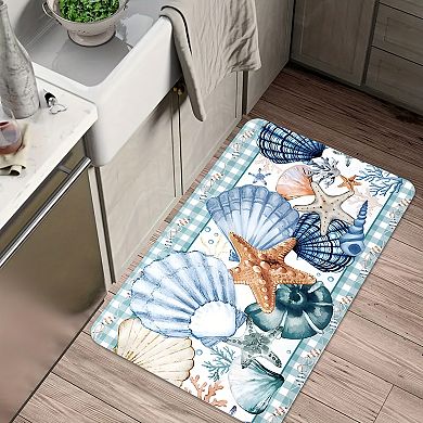 Plaid Border Seashell Starfish Floor Mat Quick Absorbent Entryway Rug