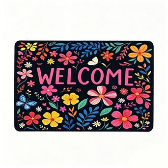 Colorful Floral Butterfly Welcome Floor Mat Bright Garden Style Doormat
