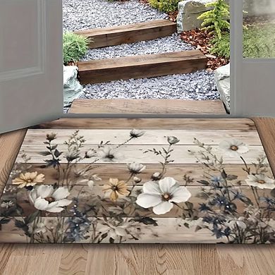 Dark Wooden Board Rustic Flower Floor Mat Washable Decor Home Rug