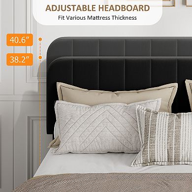 Velvet Bed Frame with 4 Storage Drawers Upholstered Platform Bed, Adjustable Headboard