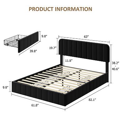Velvet Bed Frame with 4 Storage Drawers Upholstered Platform Bed, Adjustable Headboard